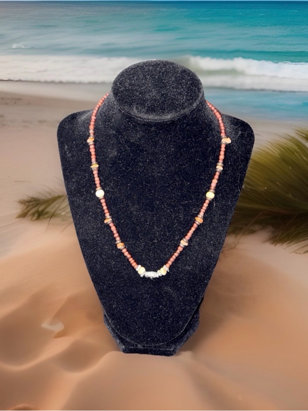 Vtg Boho Wood & Stone Beaded Necklace Red Brown Earthy Tribal Barrel Clasp 18"